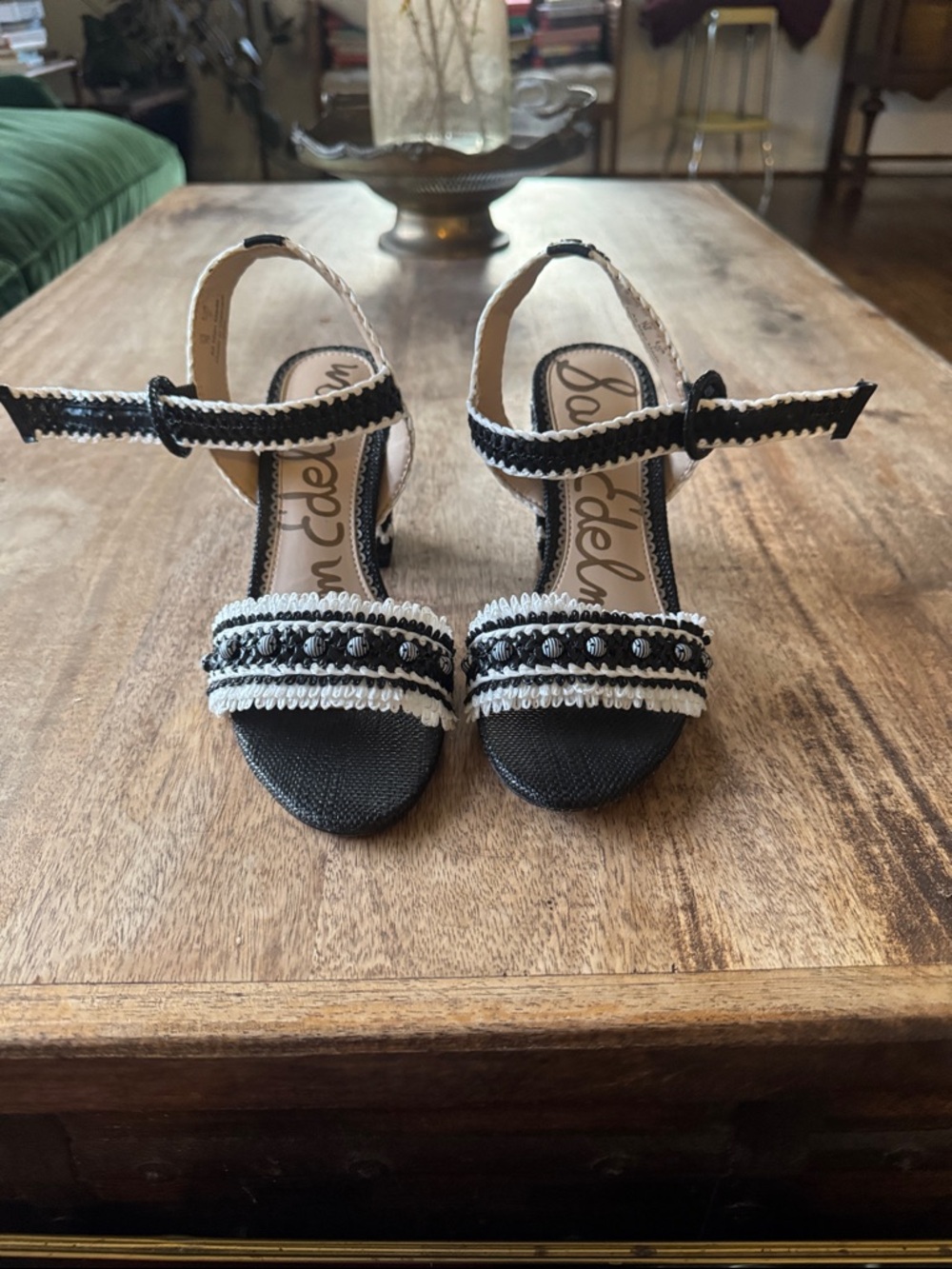 Sam Edelman Black and White Beaded Ankle-Strap Heels with Decorative Trim